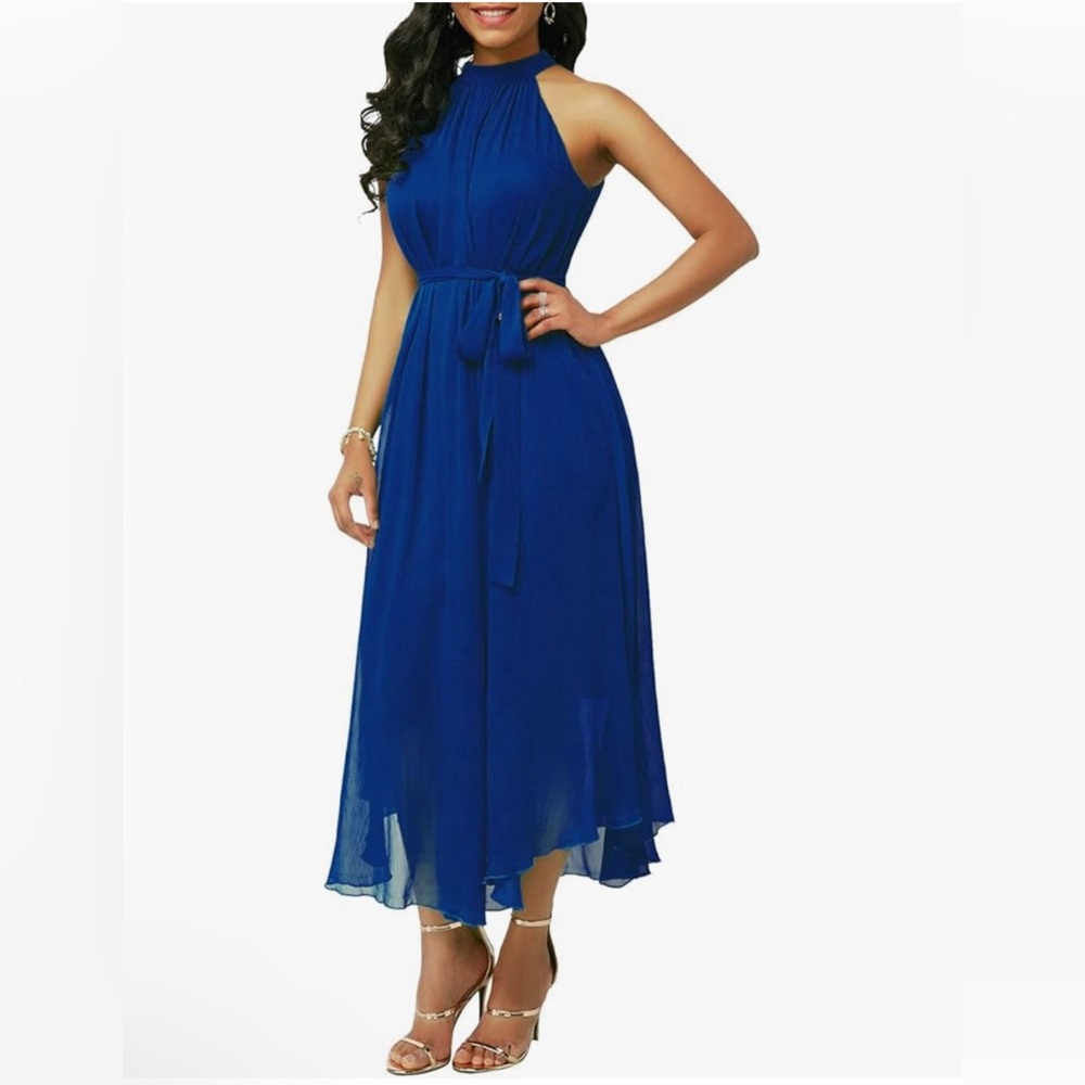 NWT Chouyatou Women's Summer Halter Neck Sleeveless Maxi Chiffon Dress